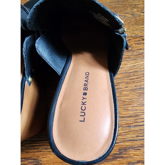 Lucky Brand Leather Wedge Clog Mules Black Studded Buckle Leather 9.5 - Picture 9 of 16